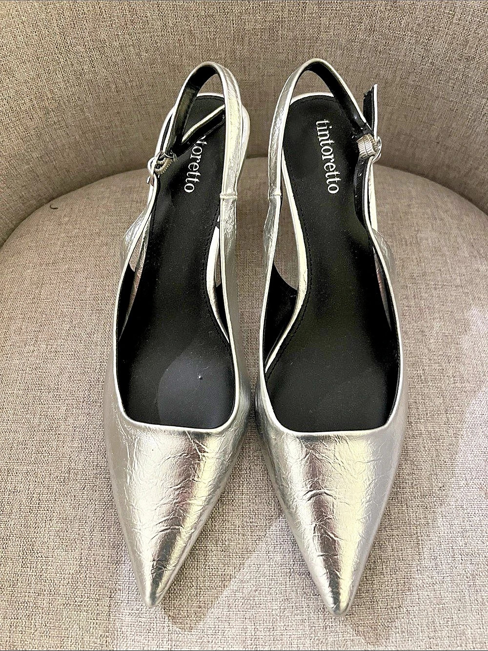 Orcetto Pointed Toe Slingback Heels in Silver